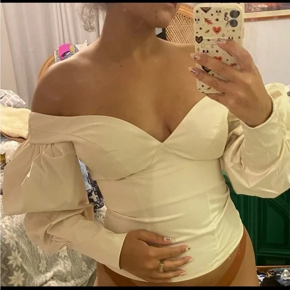 Cream / ivory Off Shoulder Bishop Sleeve puff Sleeve Zip Back Blouse - Picture 9 of 10